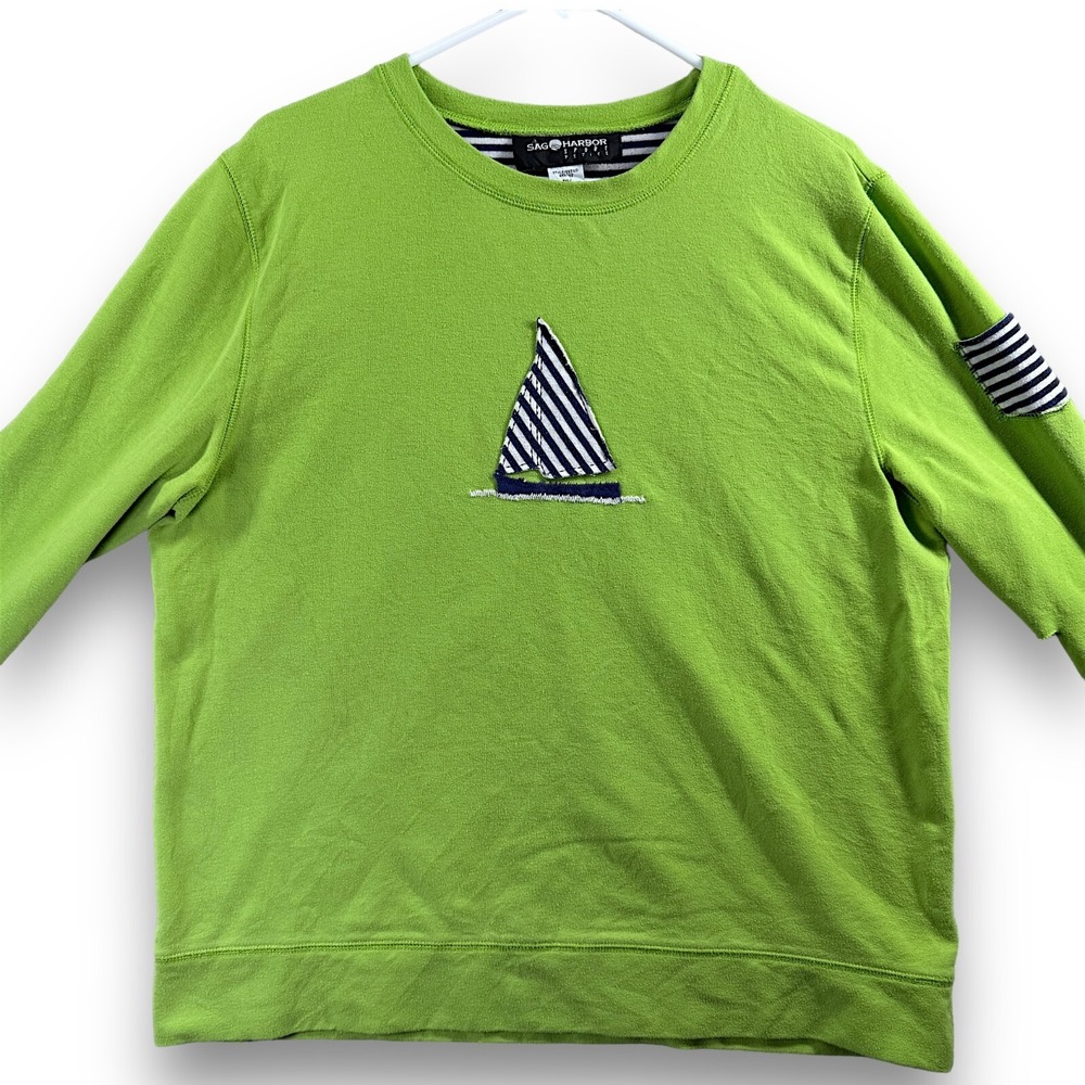 Vintage Sag Harbor Sport Womens XL Green Sailboat Nautical Knit Sweater 552742